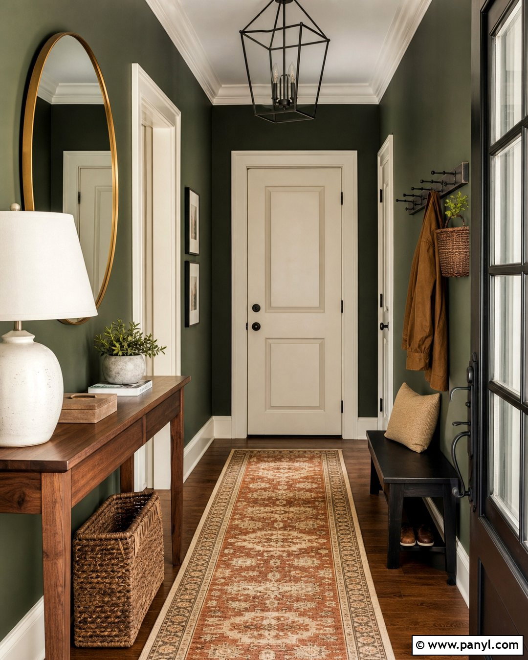 Dark Green Entryway Walls With Wood Console - 35 Dark Green Painted Walls