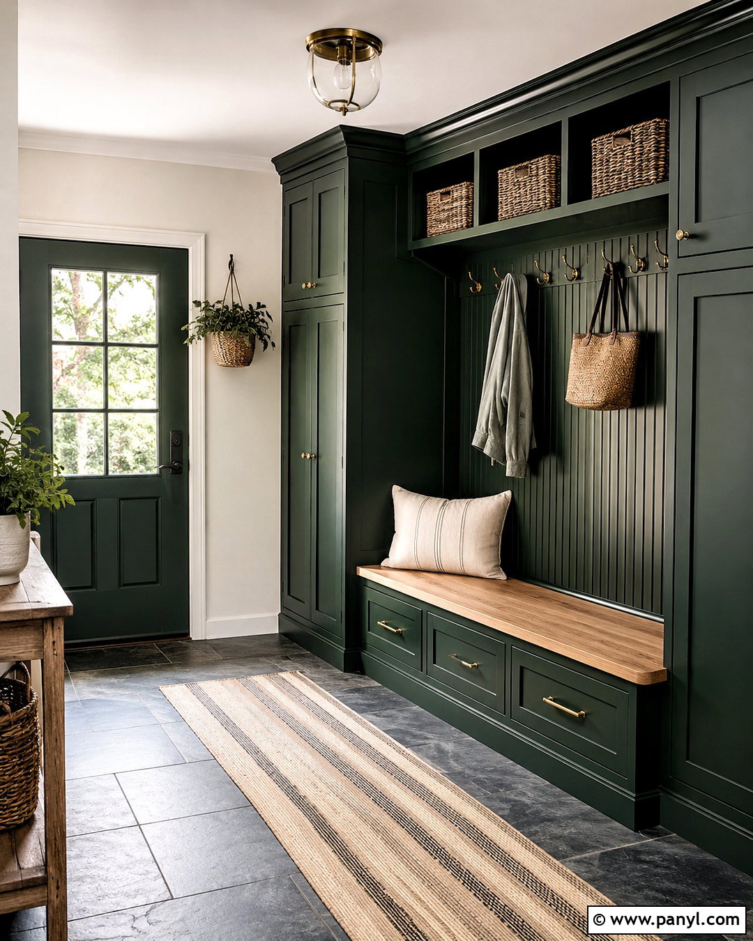 Dark Green Entryway With A Storage Bench - 20 dark green entryway ideas
