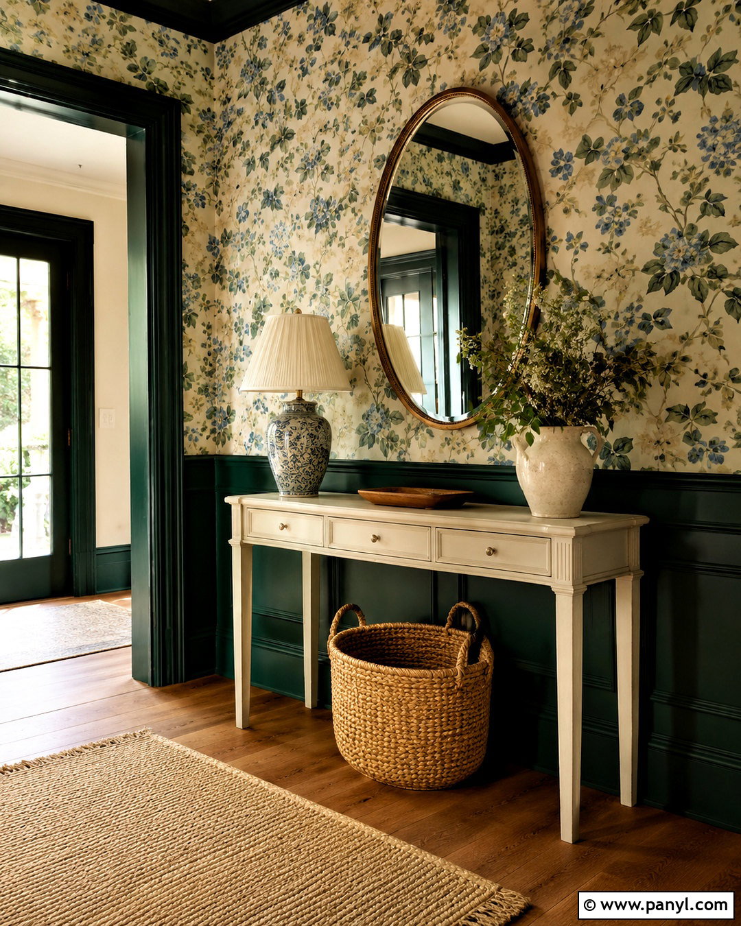 Dark Green Entryway With Botanical Wallpaper - 20 dark green entryway ideas