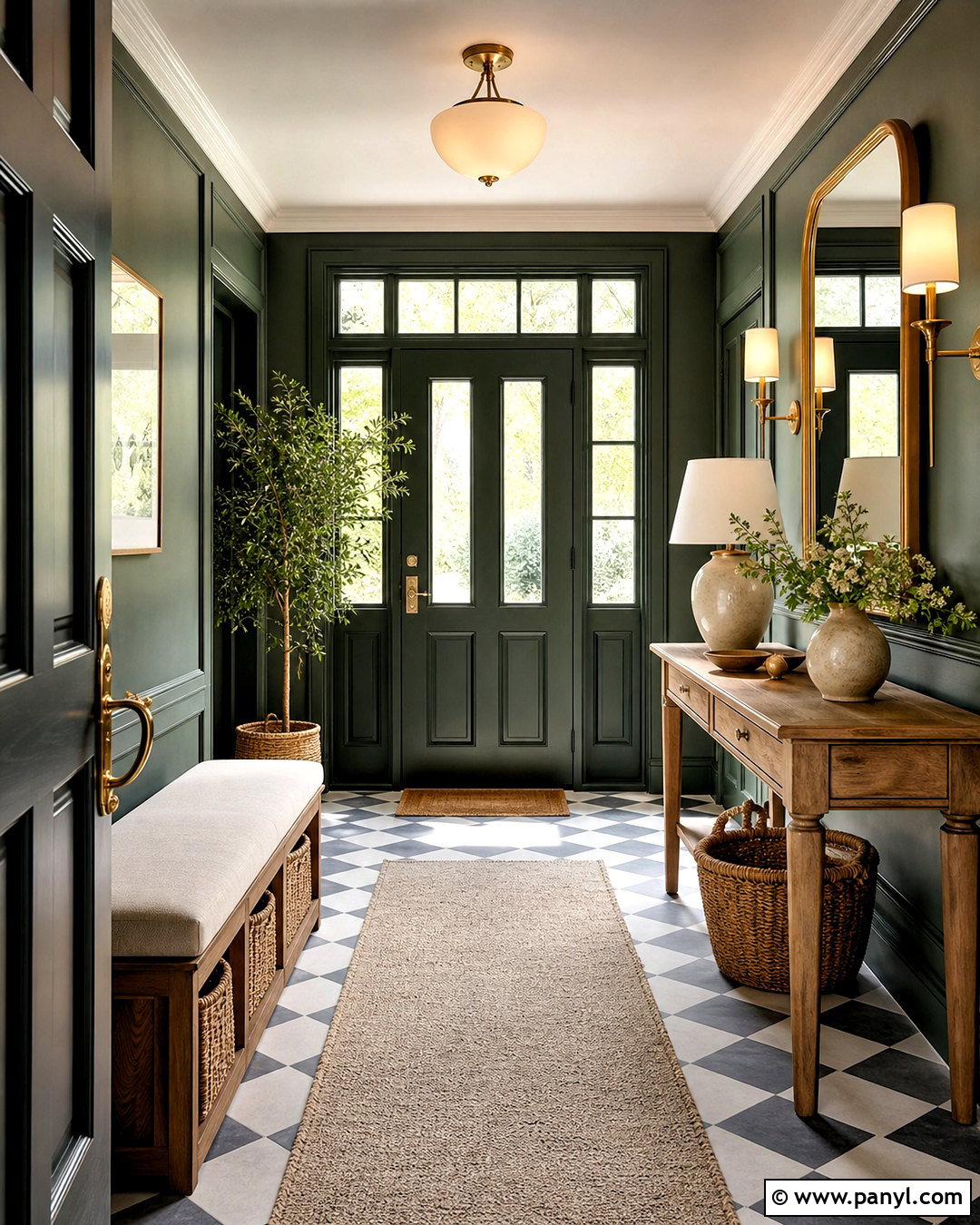 Dark Green Entryway With Checkerboard Floor - 20 dark green interior ideas