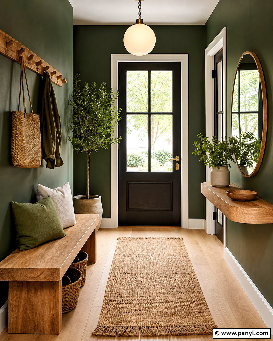 Dark Green Entryway With Natural Wood - 20 dark green entryway ideas