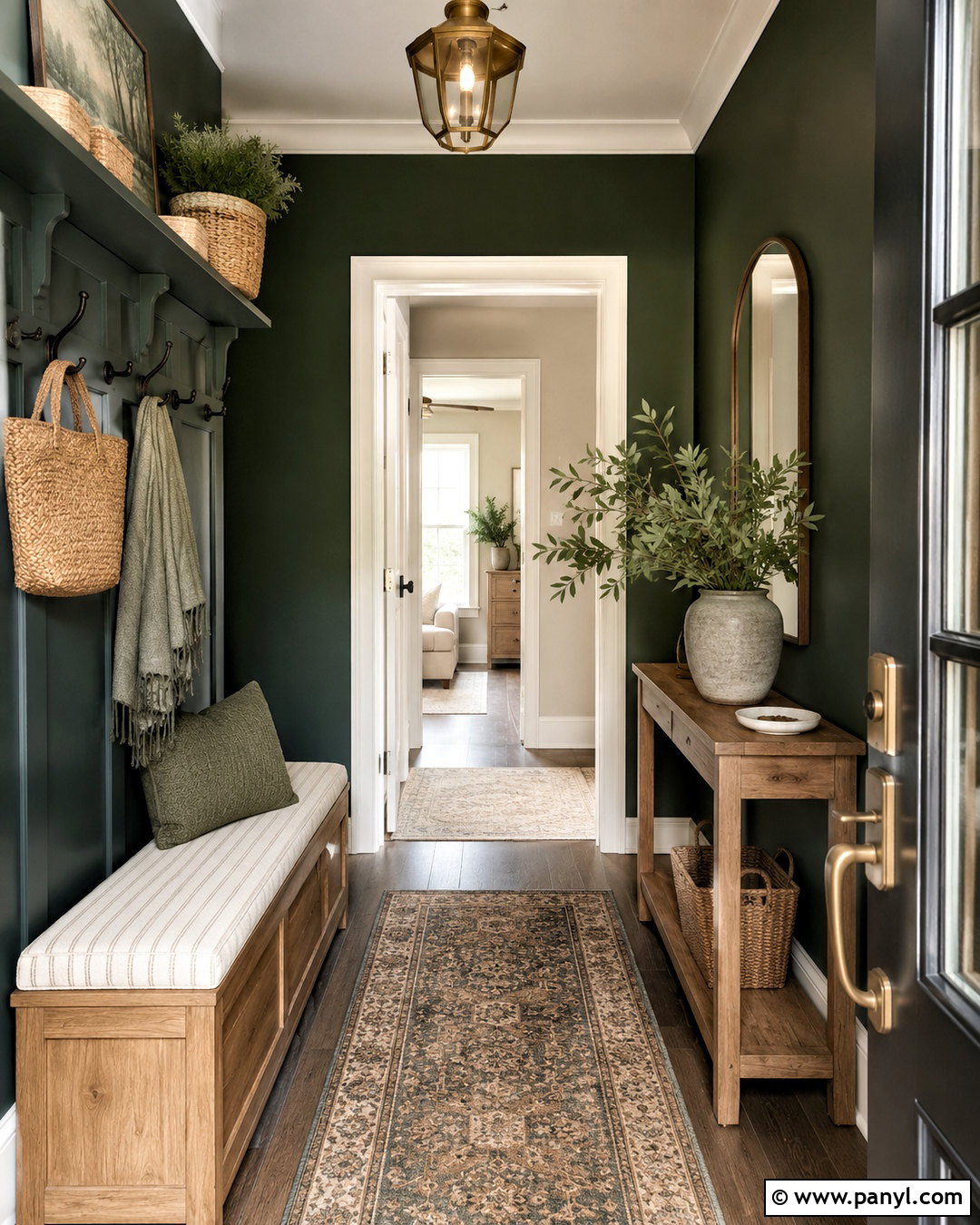Dark Green Entryway With Storage Bench - 20 dark green decor ideas