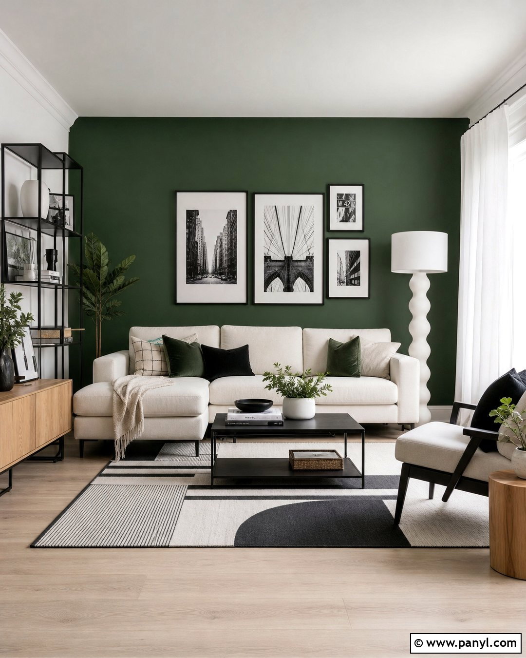 Dark Green Feature Wall With Black And White Decor - 30 Dark Green Feature Wall Living Room Ideas