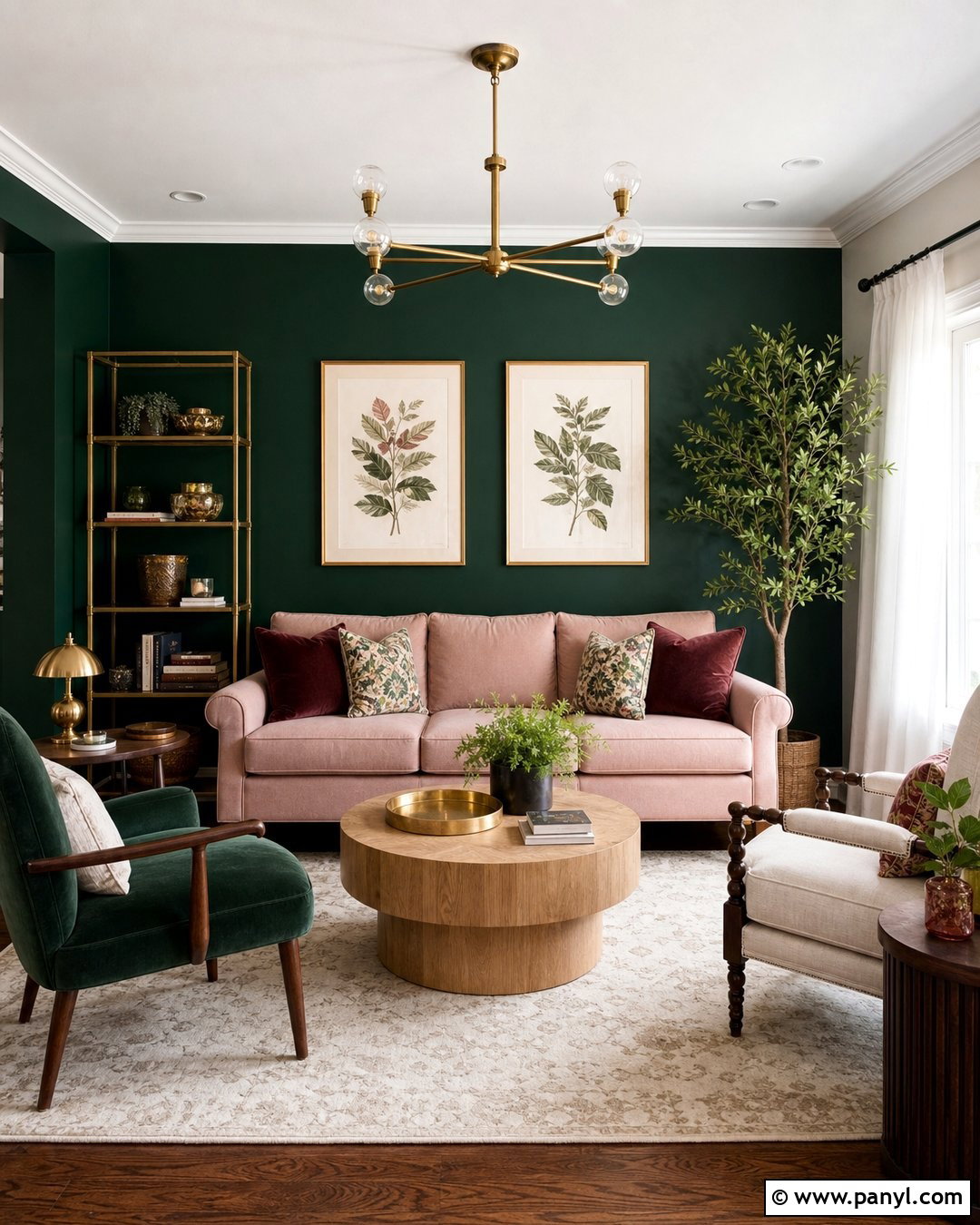 Dark Green Feature Wall With Blush Pink Sofa - 30 Dark Green Feature Wall Living Room Ideas
