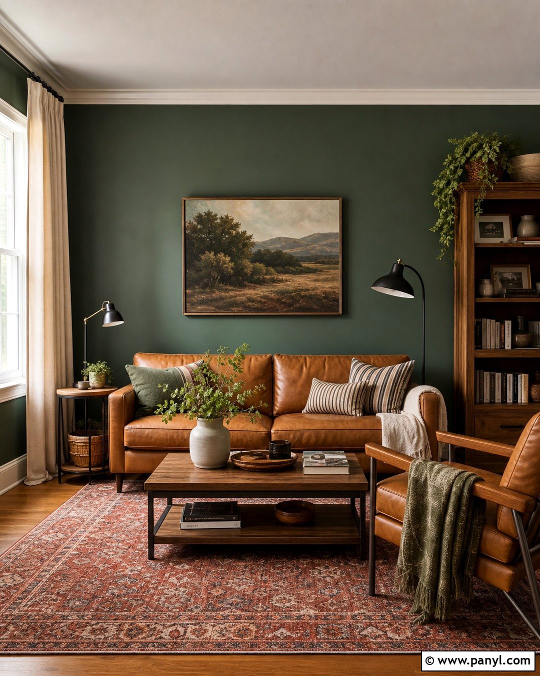 Dark Green Feature Wall With Brown Leather Sofa - 30 Dark Green Feature Wall Living Room Ideas
