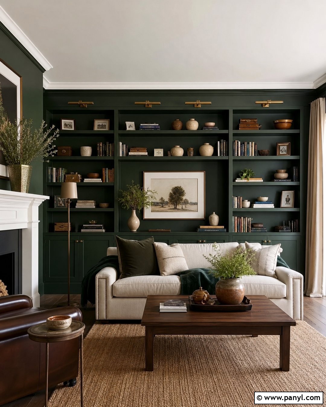 Dark Green Feature Wall With Built-In Shelves - 30 Dark Green Feature Wall Living Room Ideas