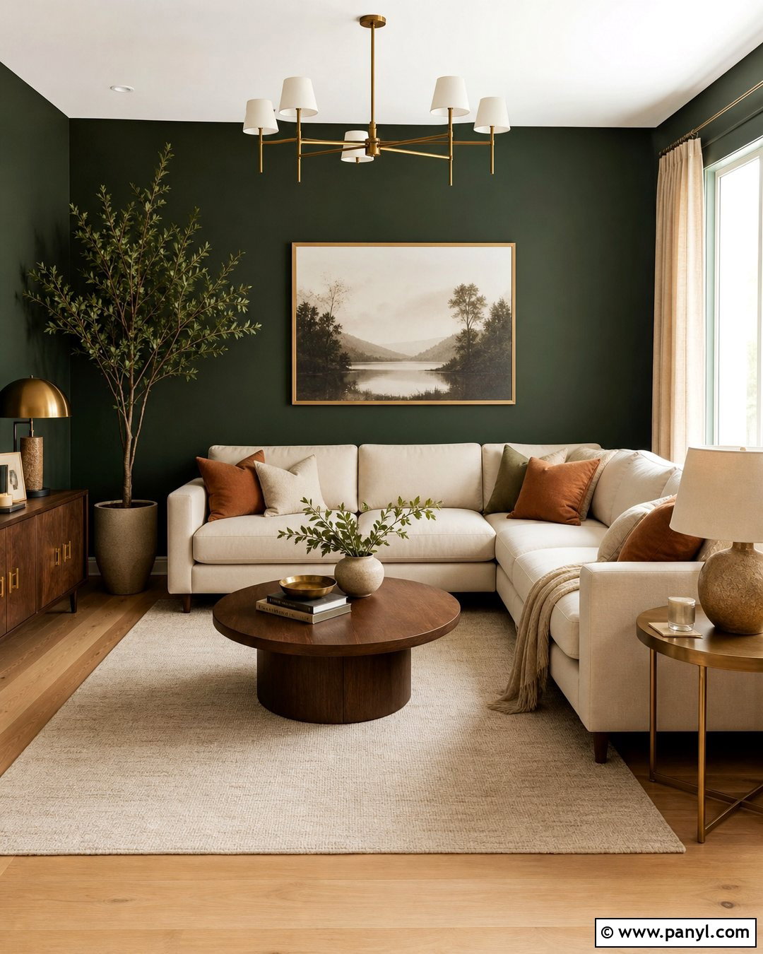 Dark Green Feature Wall With Cream Sofa - 30 Dark Green Feature Wall Living Room Ideas