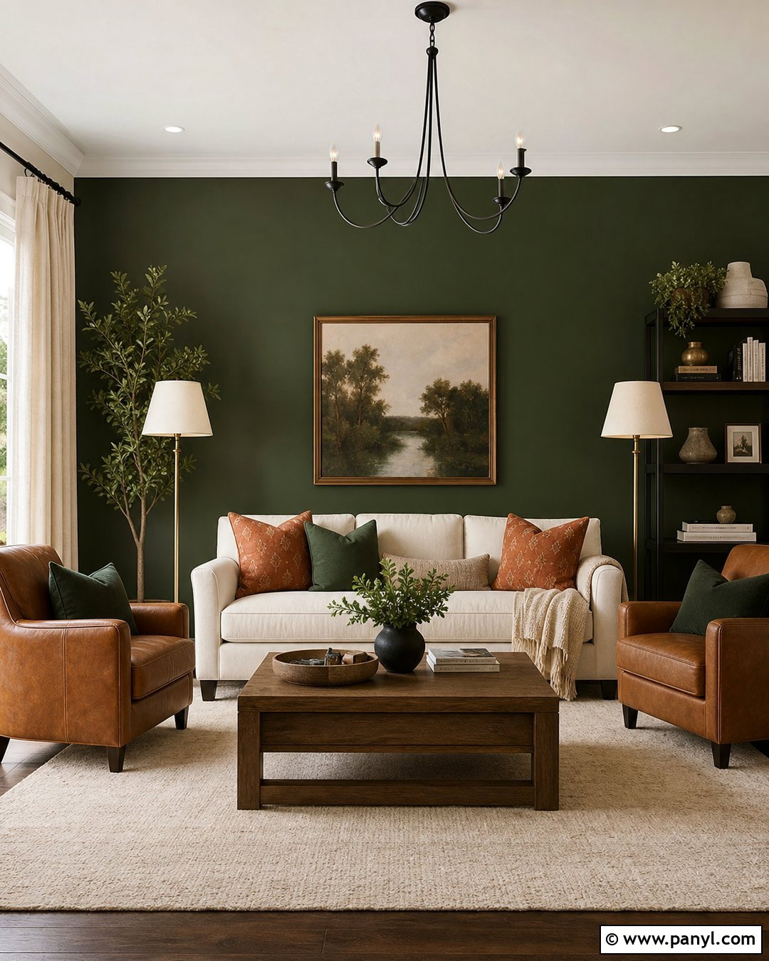 Dark Green Feature Wall With Cream Sofa - 30 dark green feature wall ideas