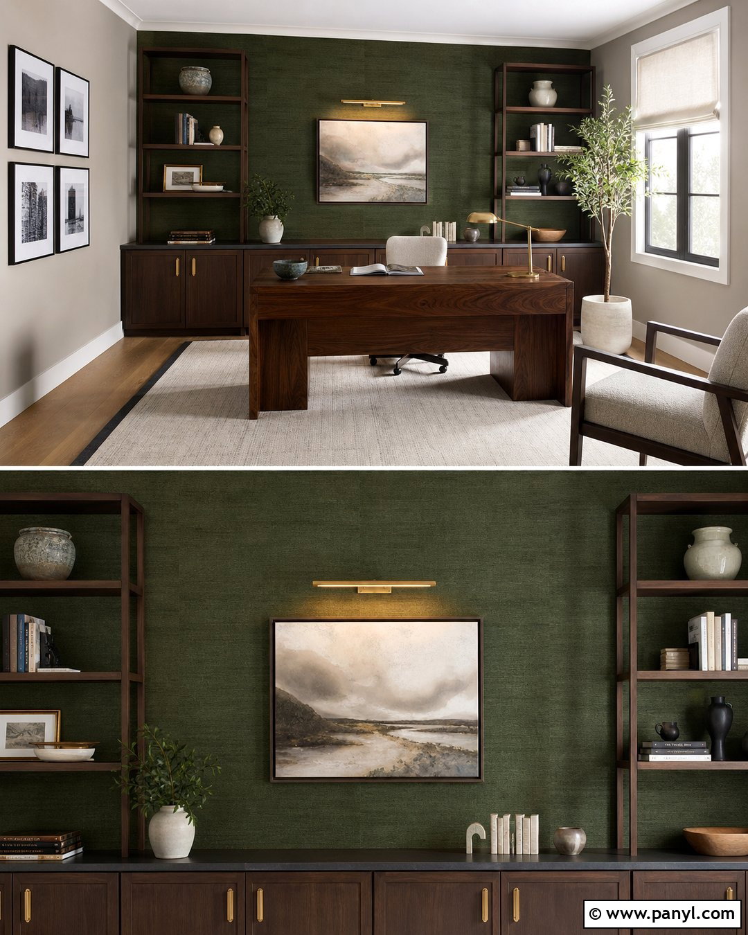 Dark Green Feature Wall With Grasscloth Wallpaper - 30 dark green feature wall ideas