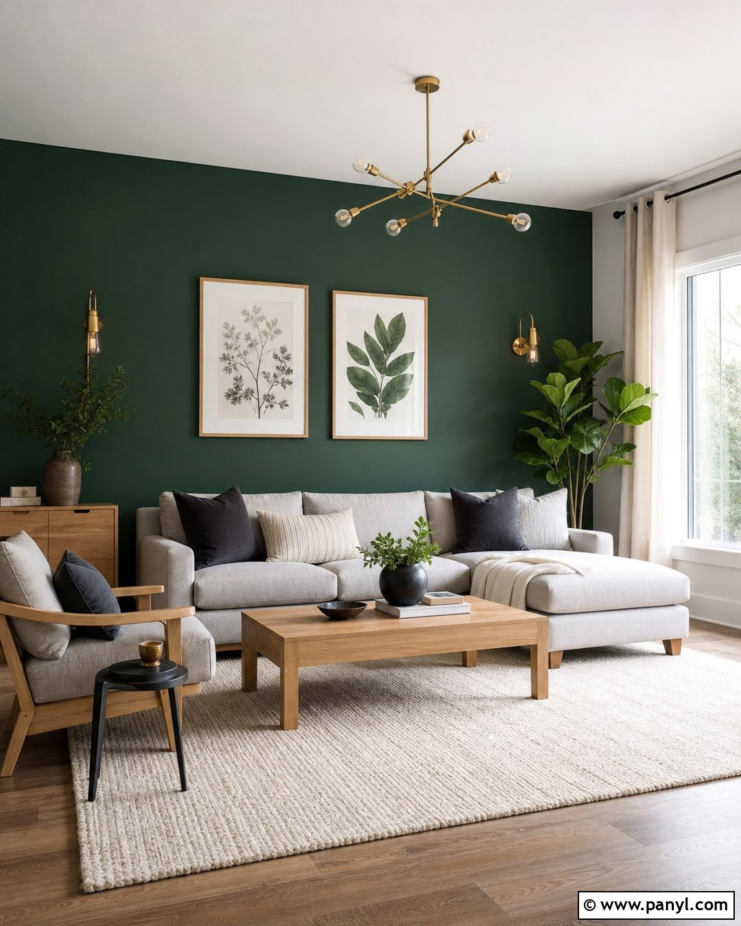 Dark Green Feature Wall With Light Gray Sofa - 30 Dark Green Feature Wall Living Room Ideas