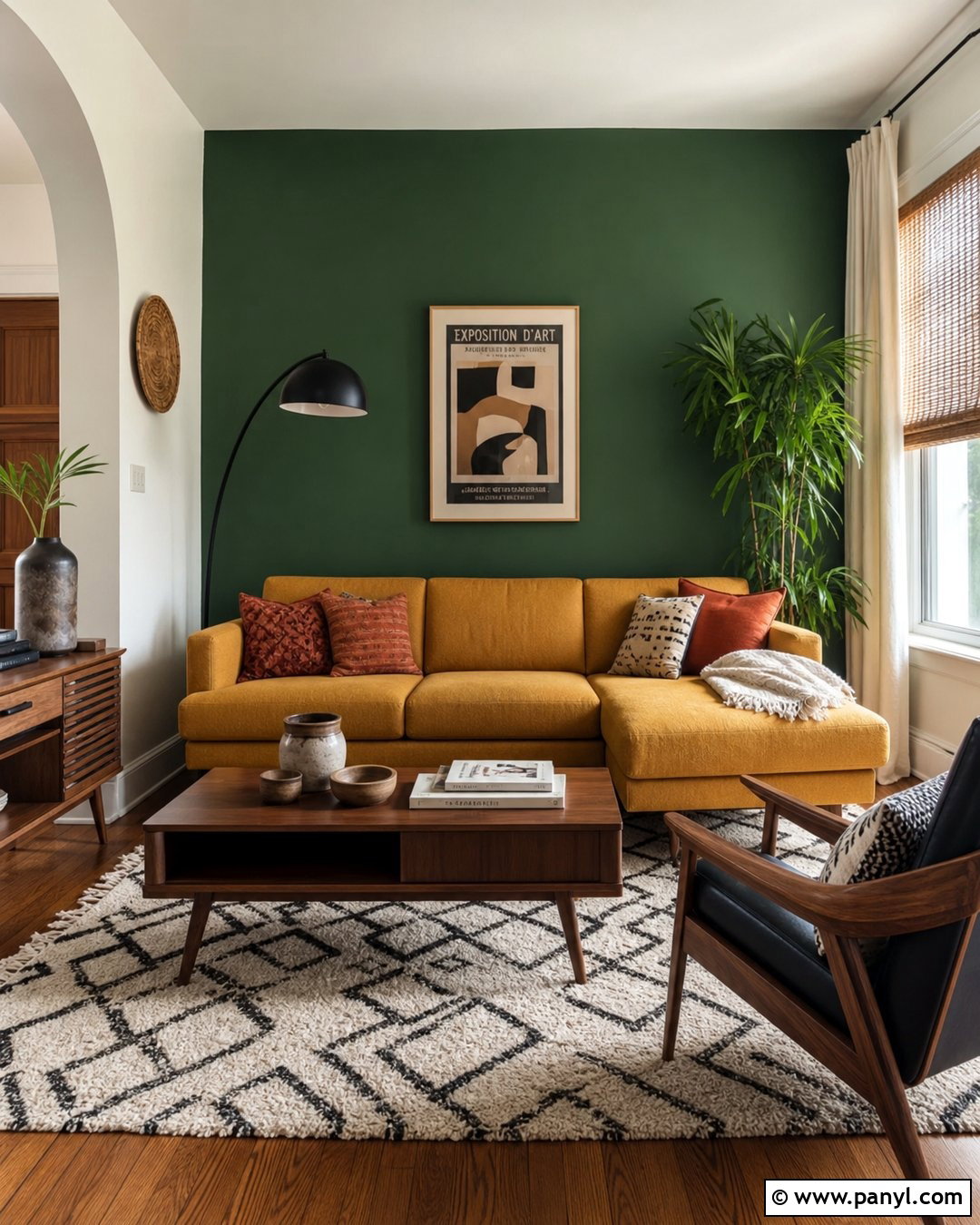 Dark Green Feature Wall With Mustard Sofa - 30 Dark Green Feature Wall Living Room Ideas