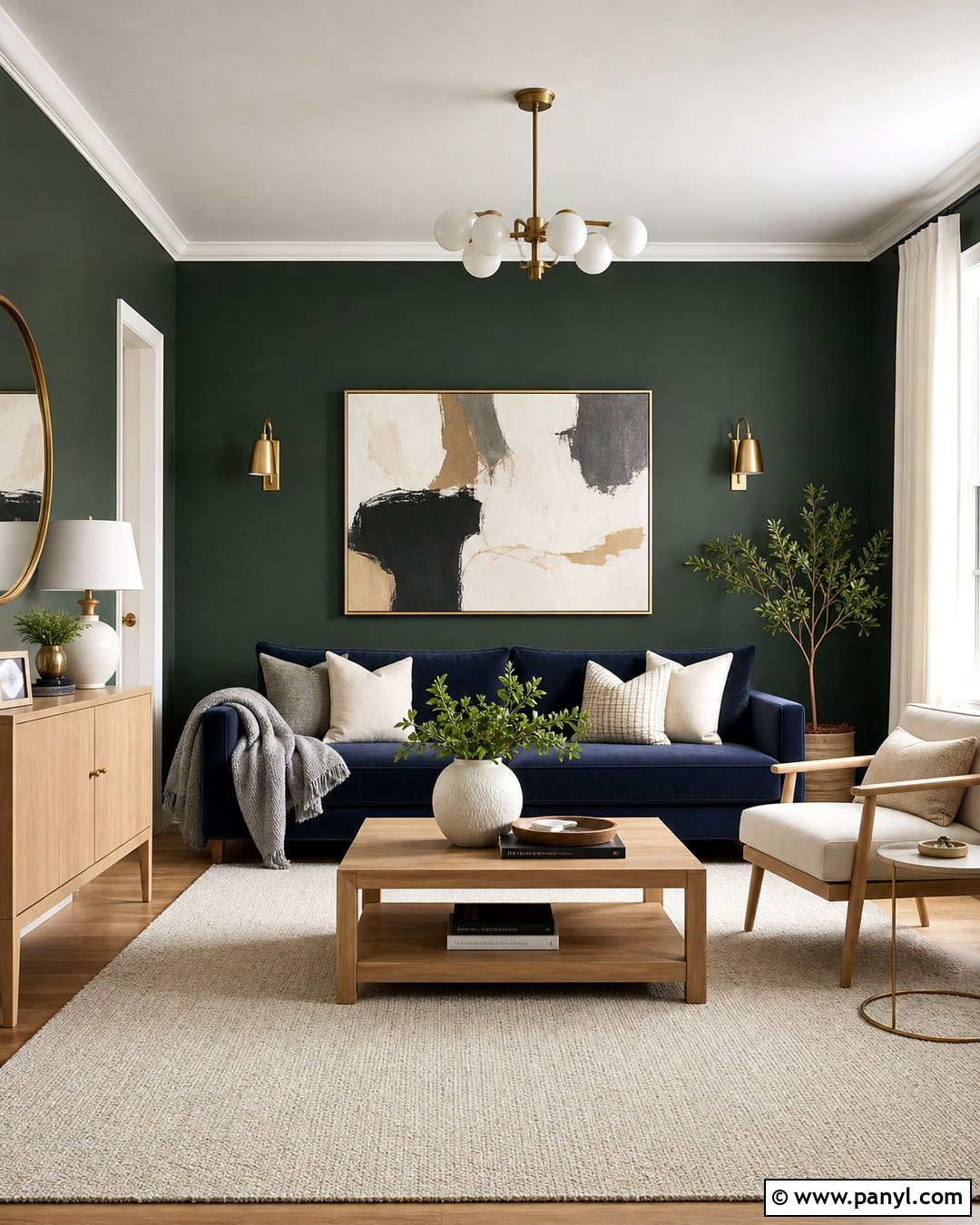 Dark Green Feature Wall With Navy Sofa - 30 Dark Green Feature Wall Living Room Ideas