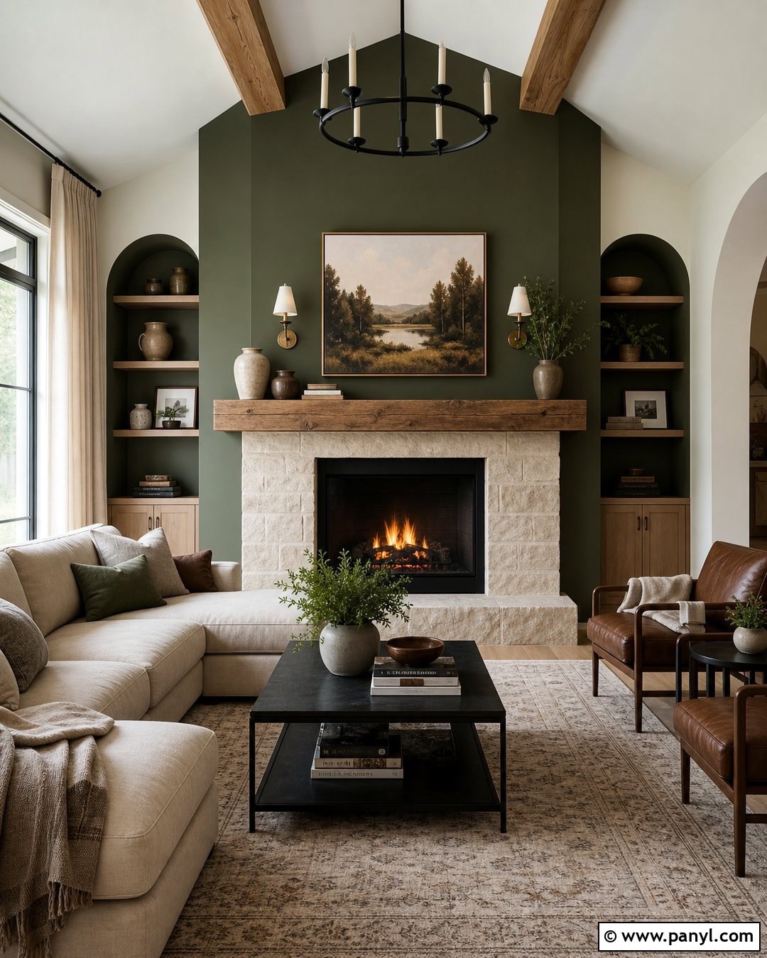 Dark Green Feature Wall With Stone Fireplace - 30 dark green feature wall ideas