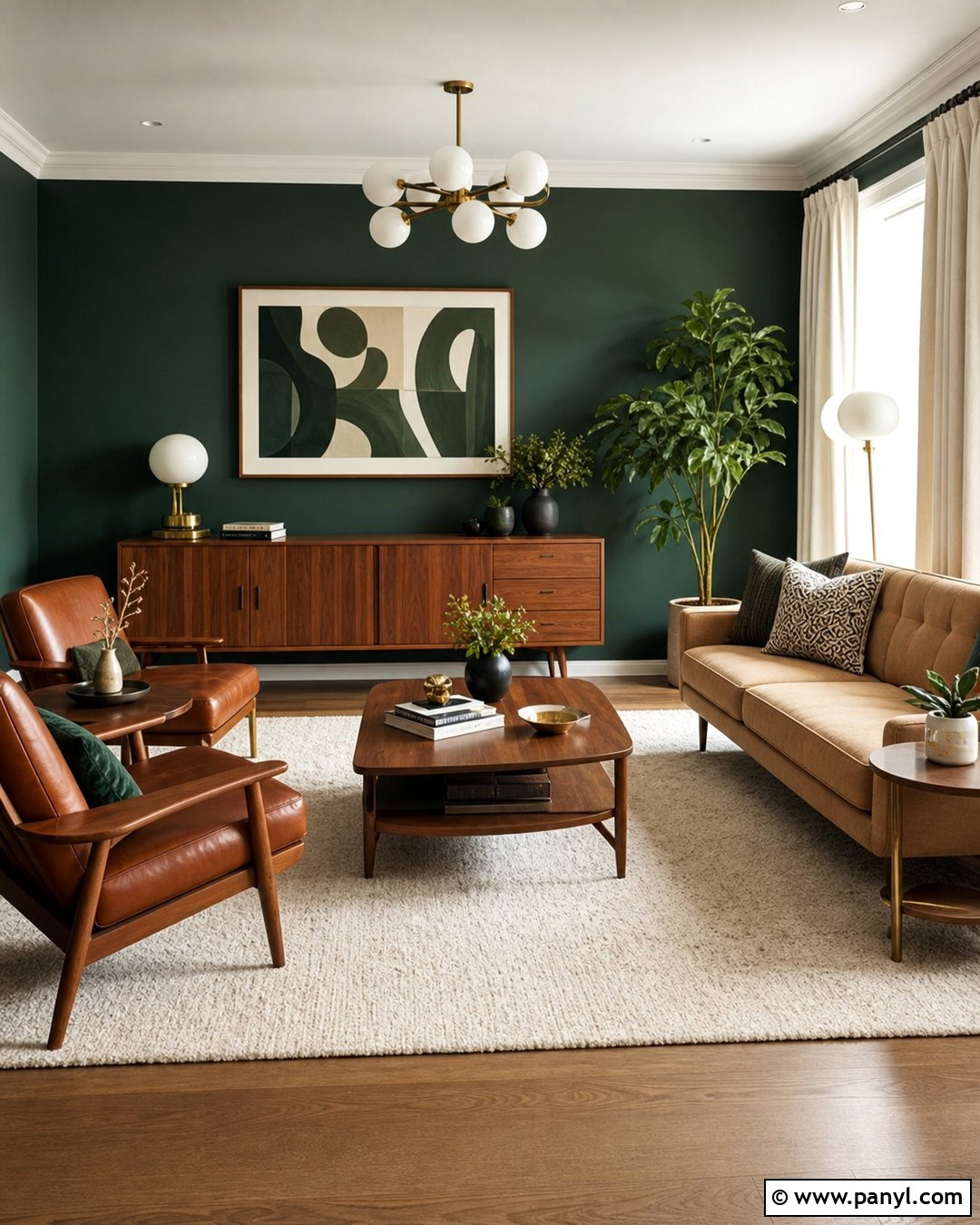 Dark Green Feature Wall With Walnut Furniture - 30 dark green feature wall ideas