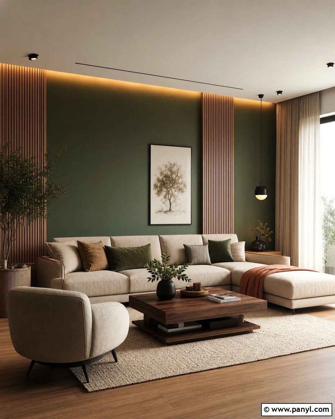 Dark Green Feature Wall With Wood Slats - 30 Dark Green Feature Wall Living Room Ideas