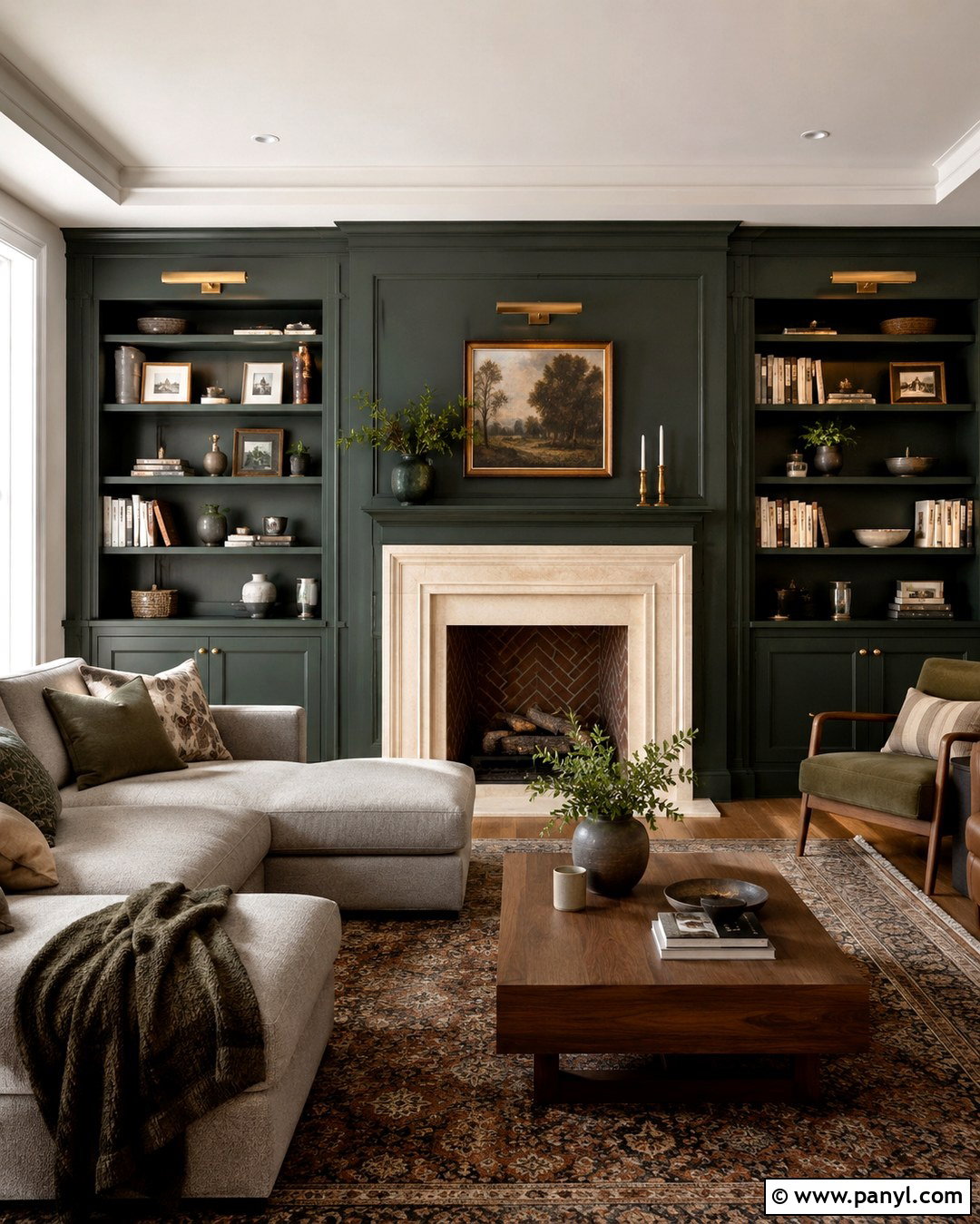 Dark Green Fireplace Wall With Built-Ins - 20 Green Wall Behind Fireplace Ideas