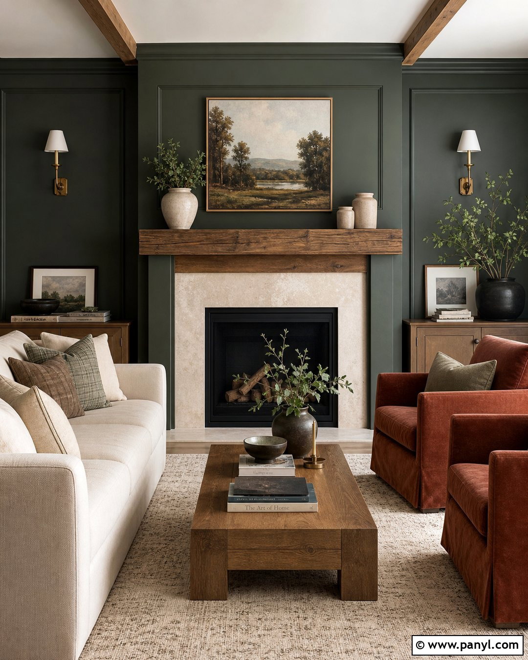 Dark Green Fireplace Wall With Wood Mantel - 35 Dark Green Painted Walls