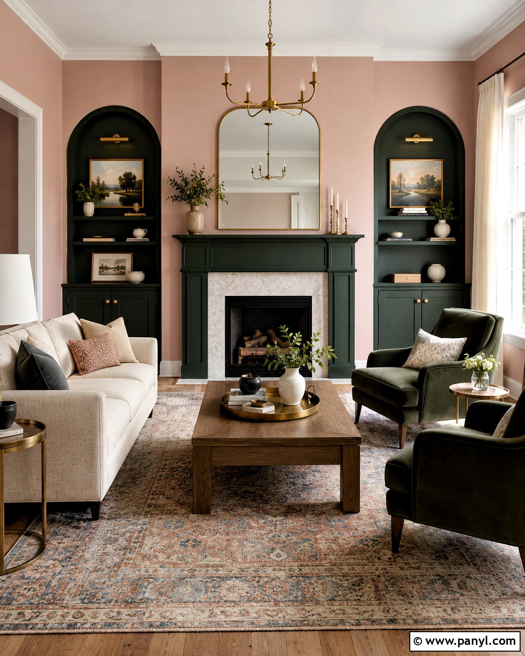 Dark Green Fireplace With Soft Pink Walls - 20 dark green and pink living room ideas