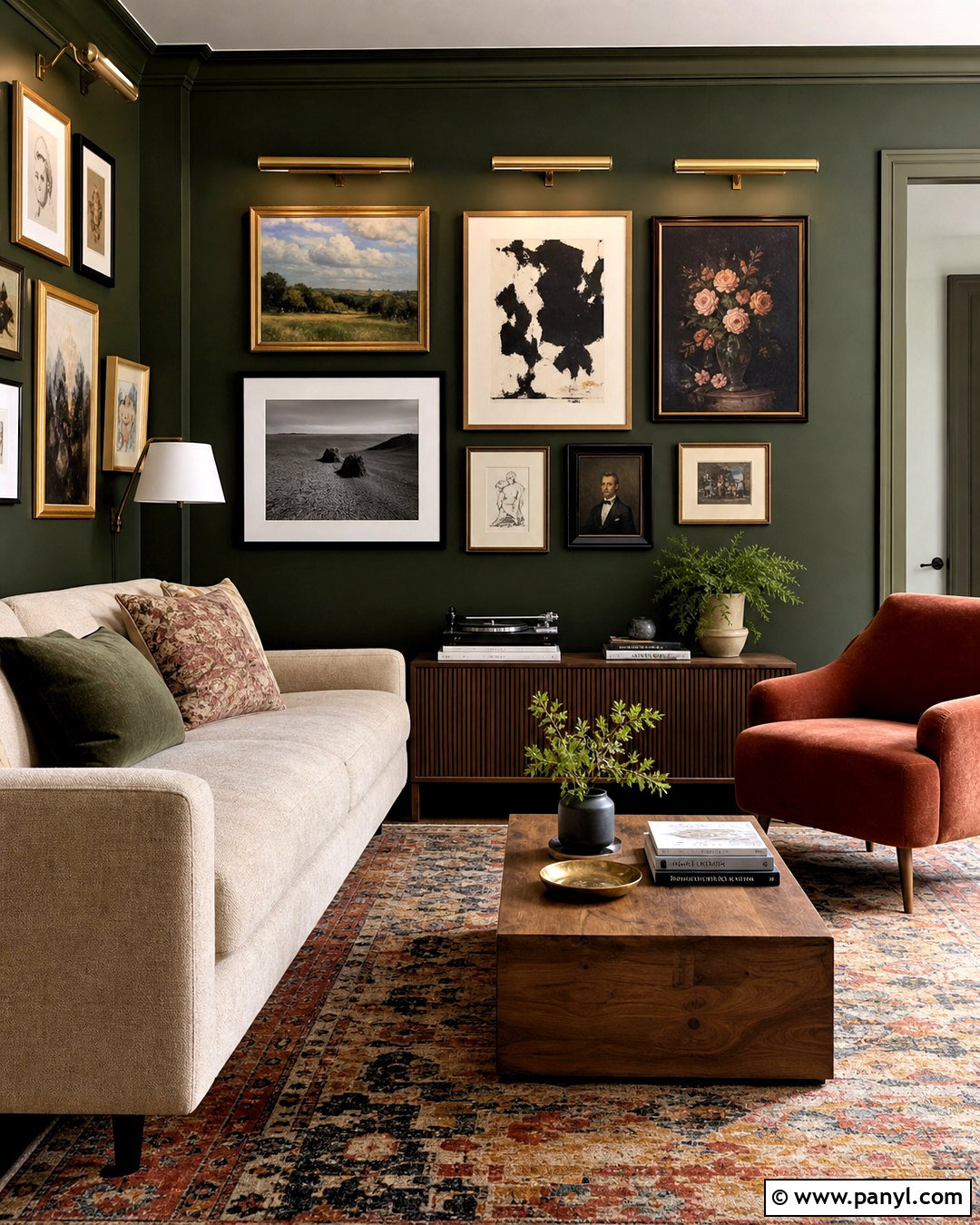 Dark Green Gallery Wall Living Room - 20 dark green walls living room ideas
