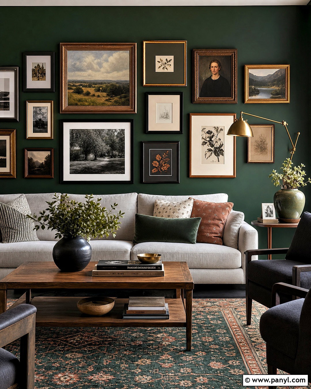 Dark Green Gallery Wall With Grey Seating - 20 dark green and grey living room ideas