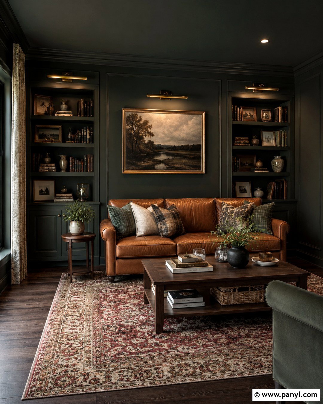 Dark Green Gray Color-Drenched Den - 20 Green Gray Wall Paint Ideas