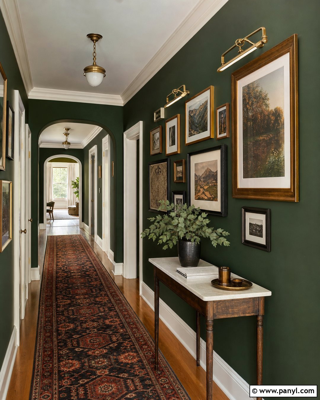 Dark Green Hallway Walls With Gallery Art - 35 Dark Green Painted Walls