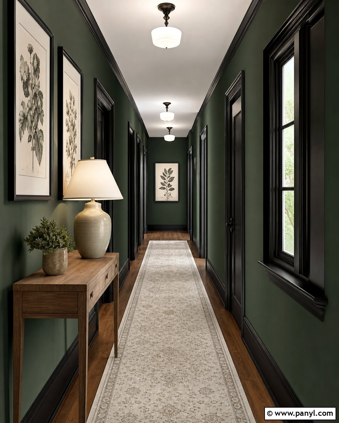 Dark Green Hallway With Black Trim - 25 Green Walls With Black Trim Ideas