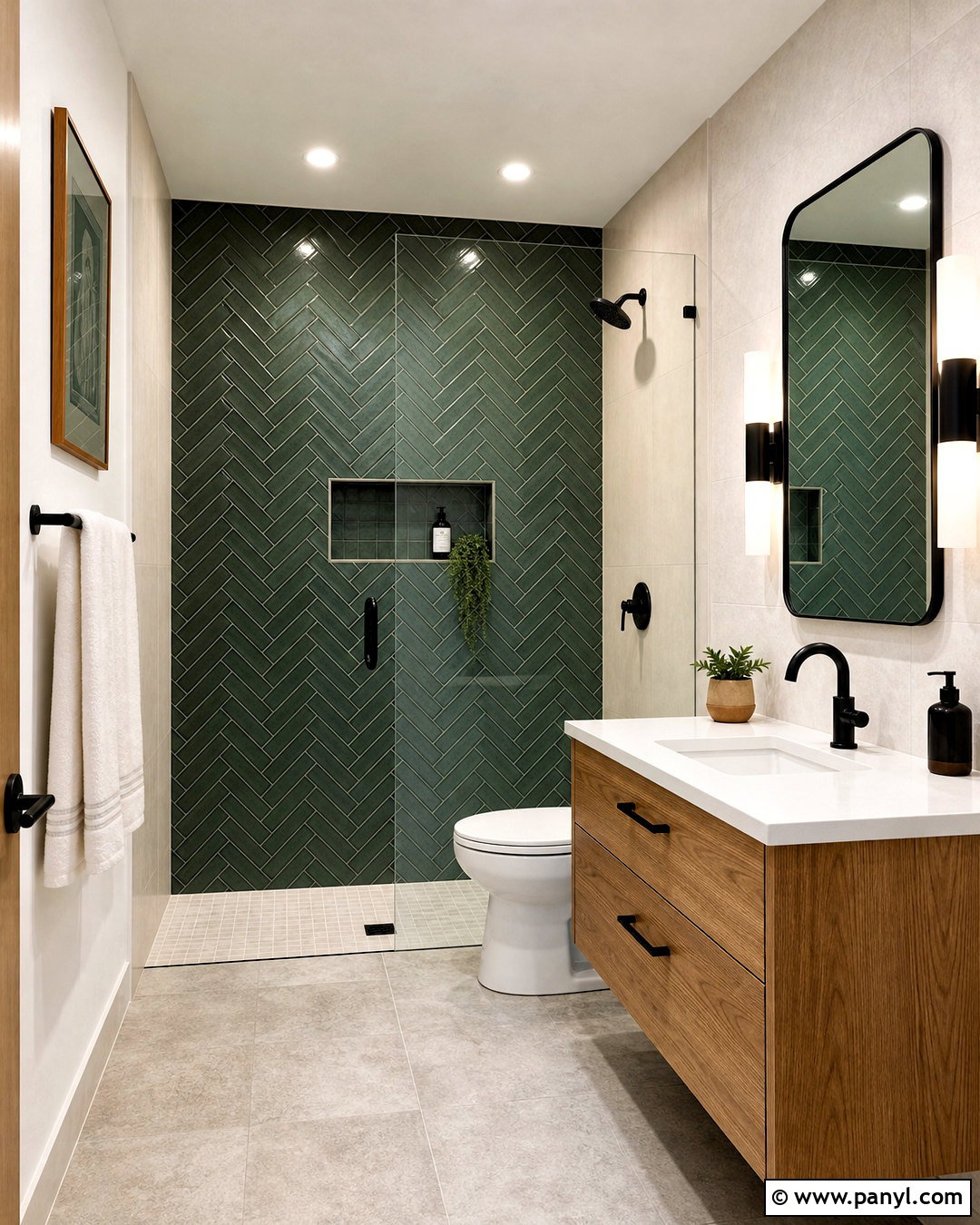 Dark Green Herringbone Shower - 20 small dark green bathroom ideas