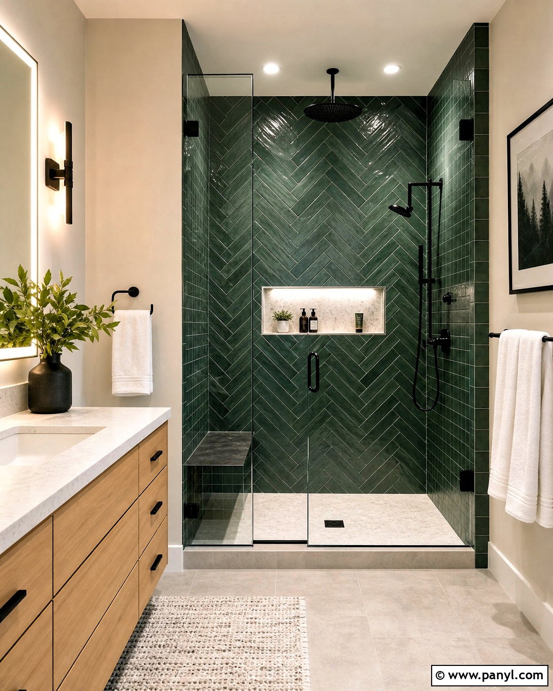 Dark Green Herringbone Shower - 20 dark green bathroom ideas