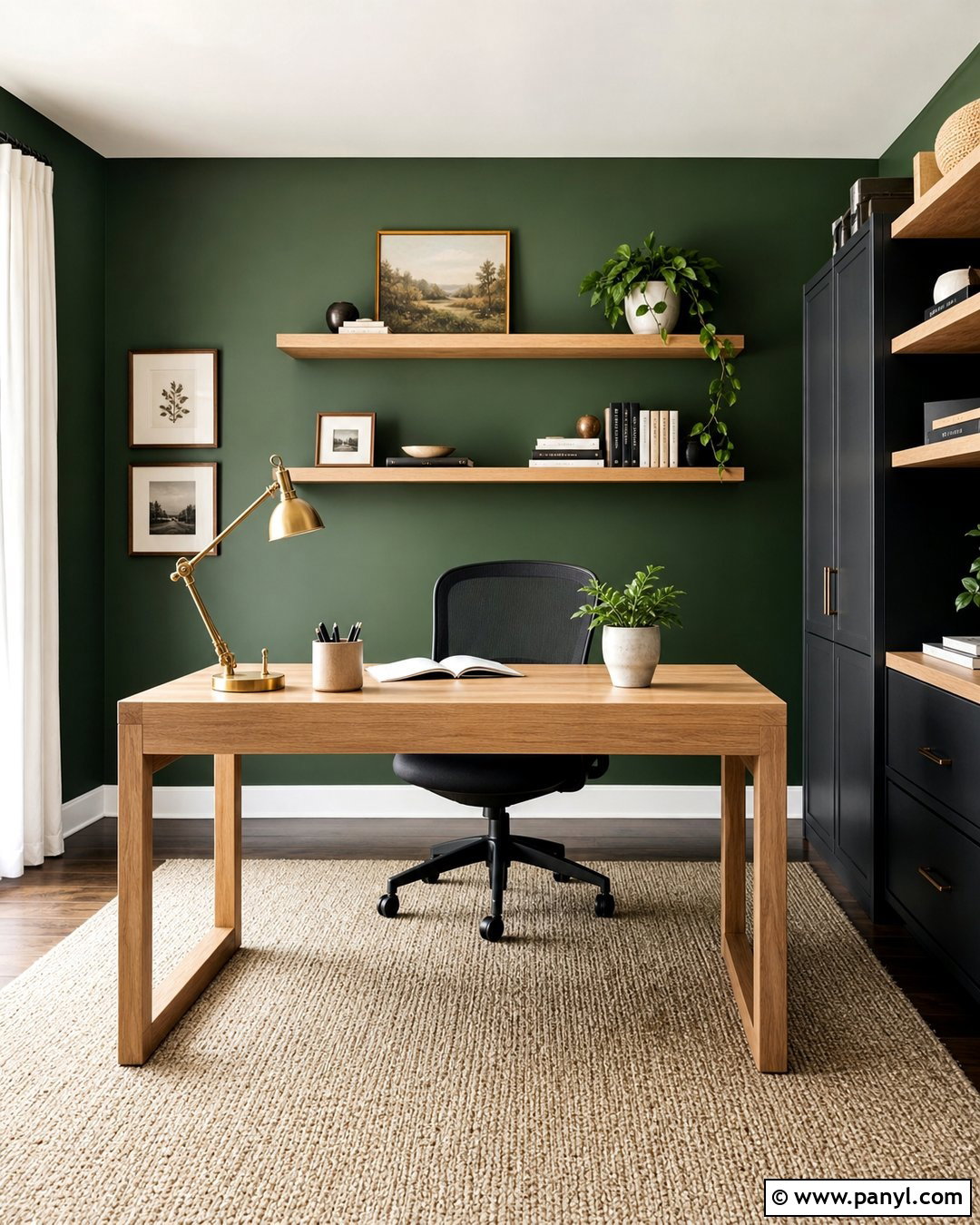 Dark Green Home Office Wall With Oak Desk - 30 dark green wall color ideas