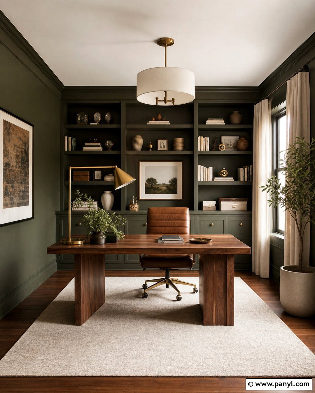 Dark Green Home Office Walls With Built-In Shelves - 35 Dark Green Painted Walls