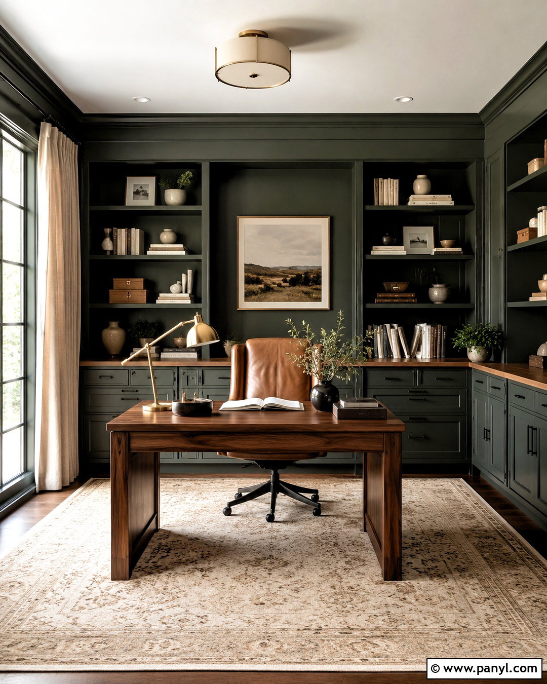 Dark Green Home Office With Built-In Shelves - 20 dark green decor ideas