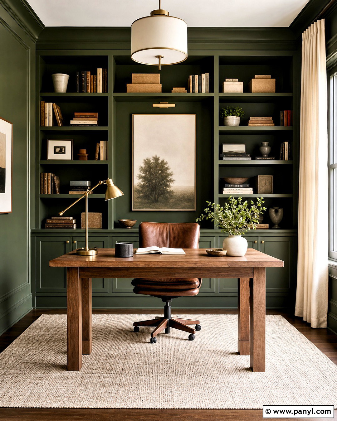 Dark Green Home Office With Built-In Shelves - 20 dark green interior design ideas