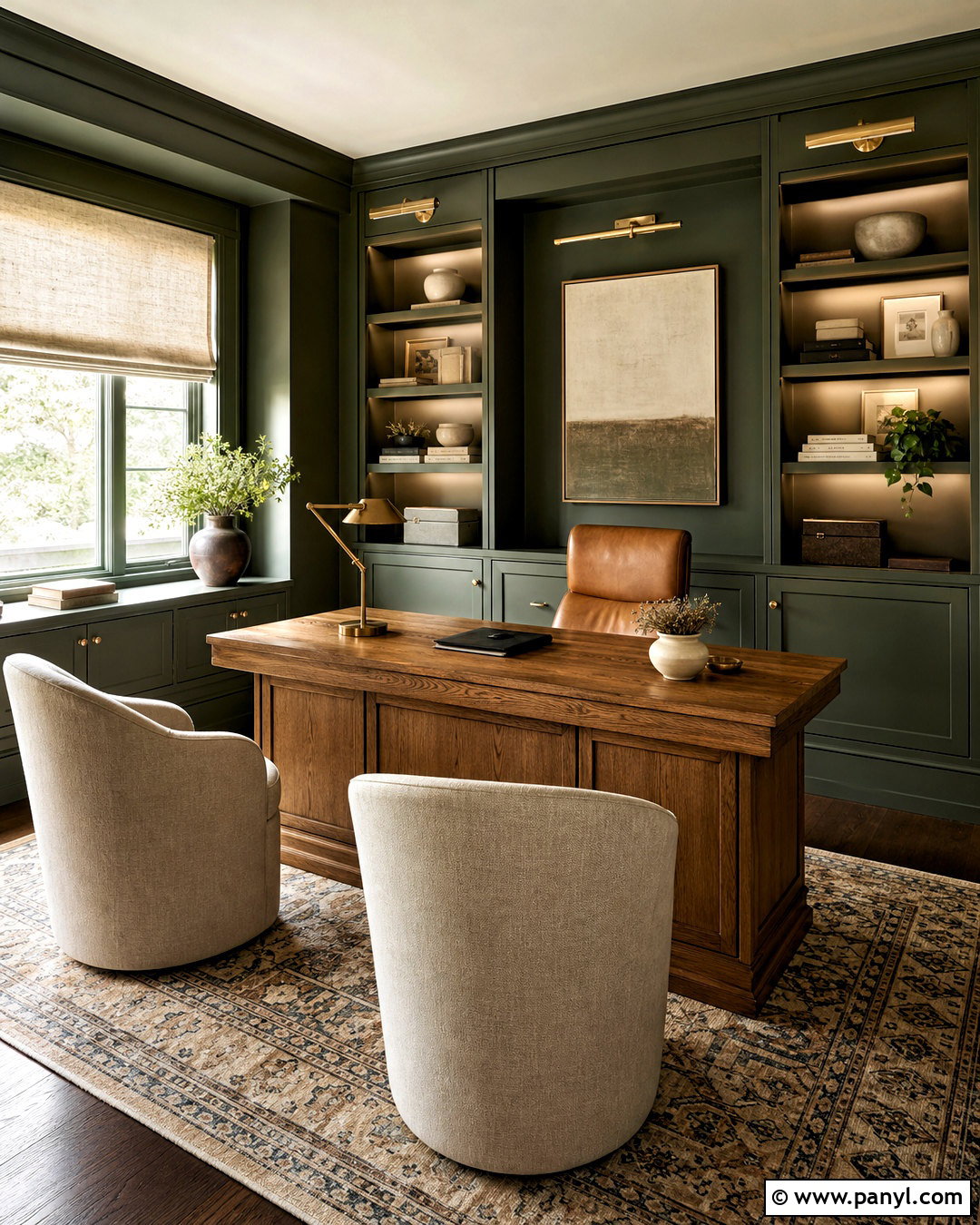 Dark Green Home Office With Built-In Shelves - 20 dark green interior ideas
