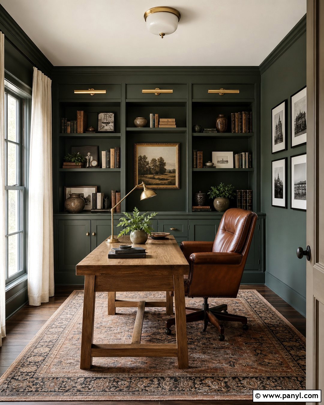 Dark Green Home Office With Built-In Shelves - 45 dark green walls