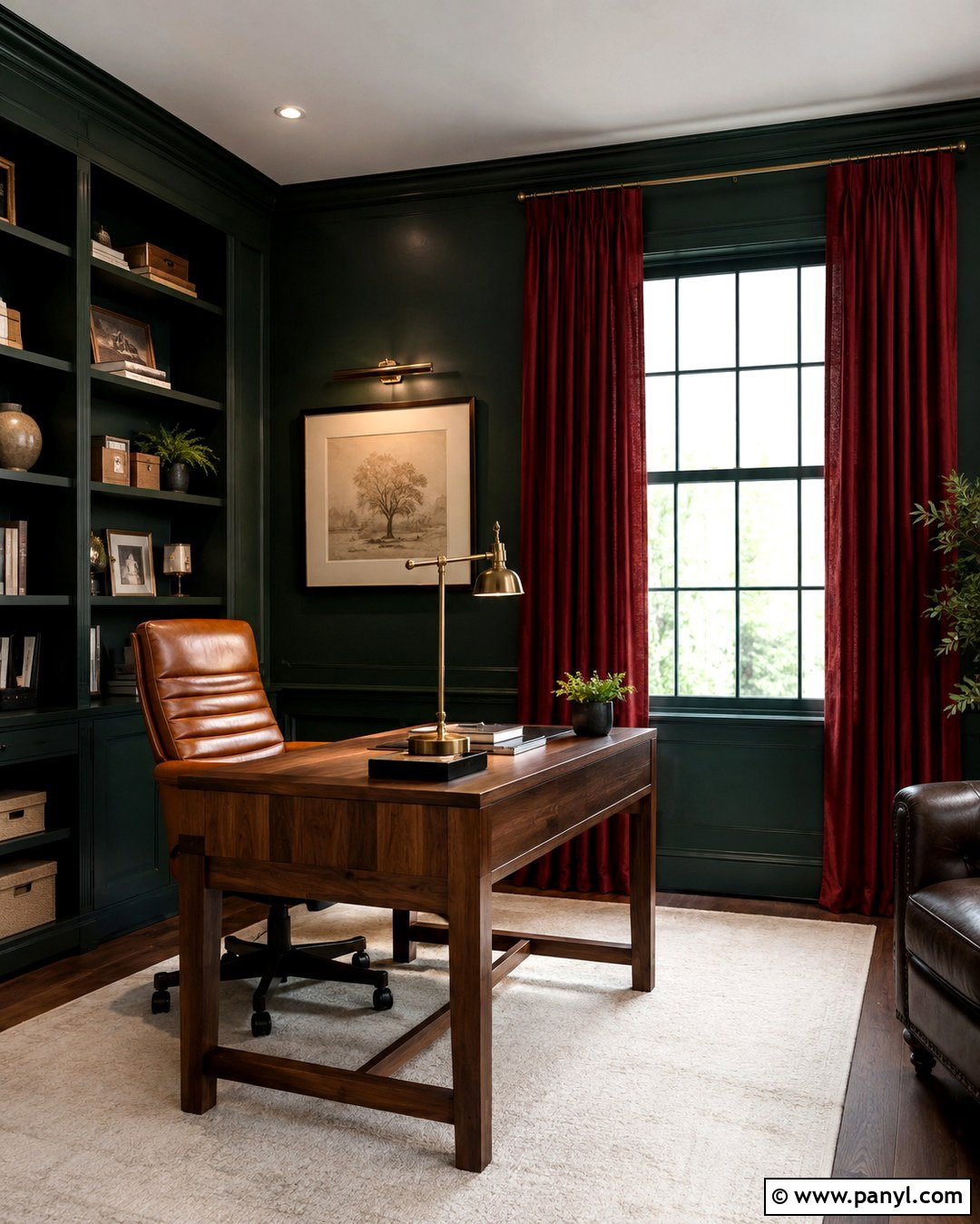Dark Green Home Office With Crimson Curtains - 20 Green Walls Red Curtains