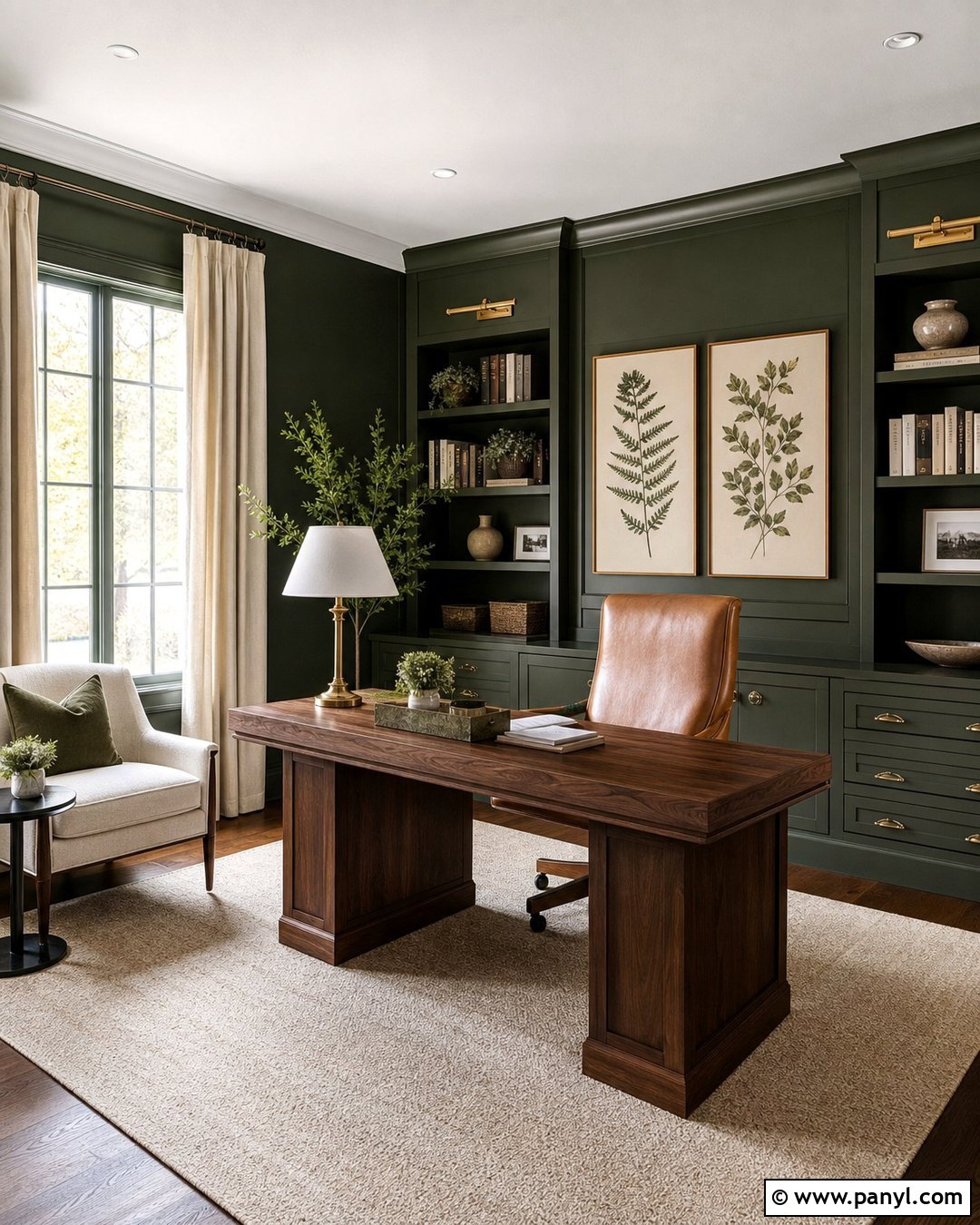 Dark Green Home Office With Wood Desk - 45 dark green walls