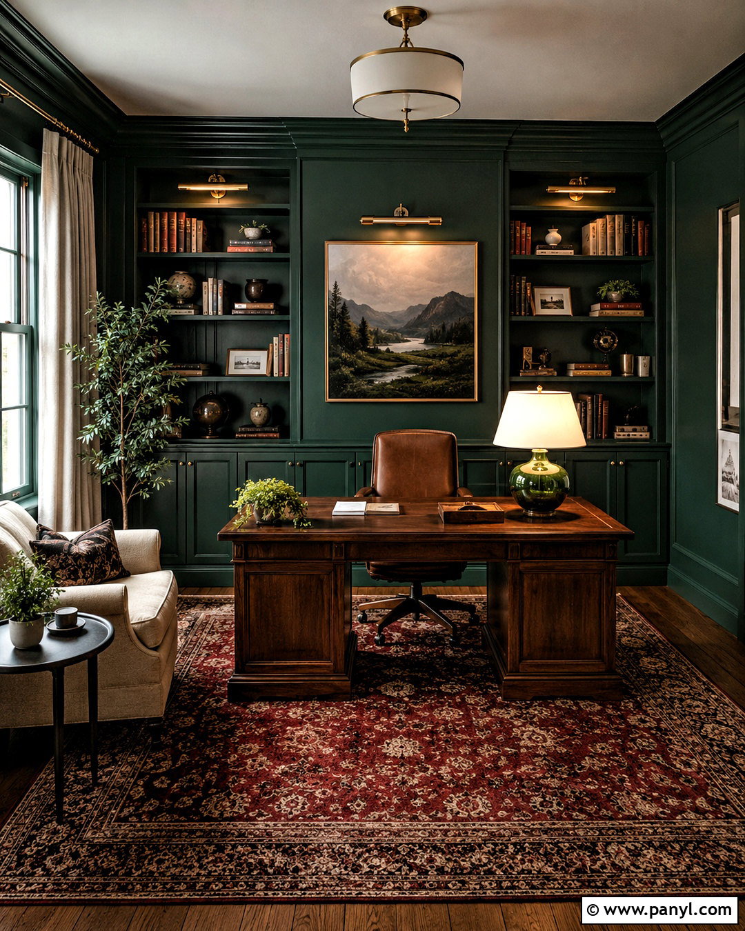 Dark Green Home Office - 40 green wall room ideas
