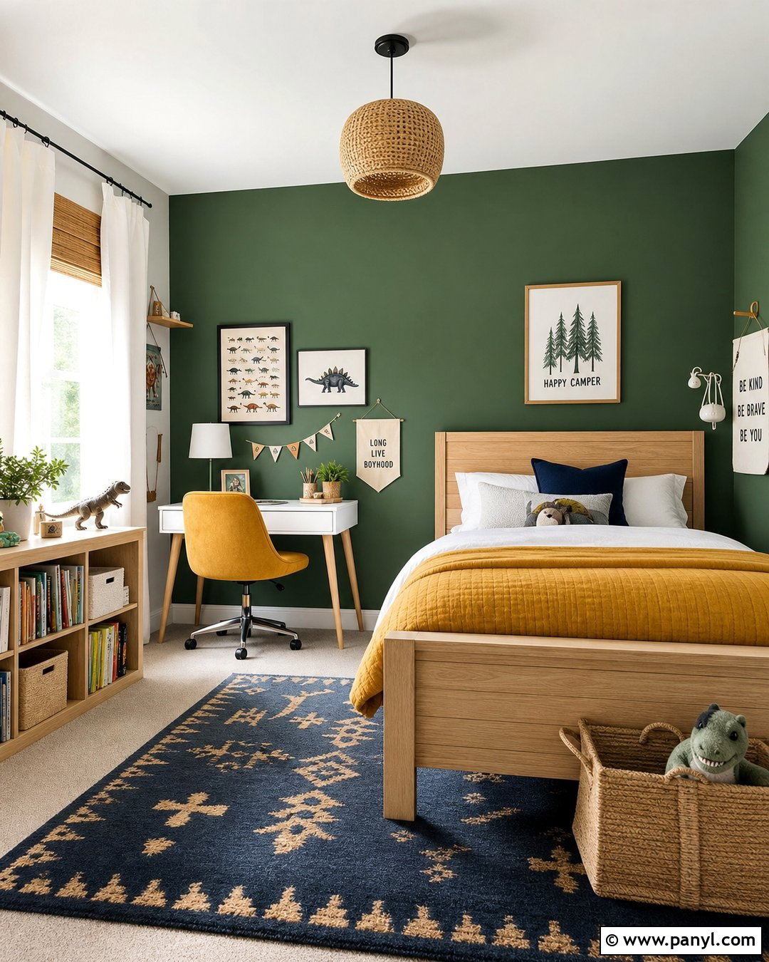Dark Green Kids Bedroom Wall With Mustard Accents - 30 dark green wall color ideas
