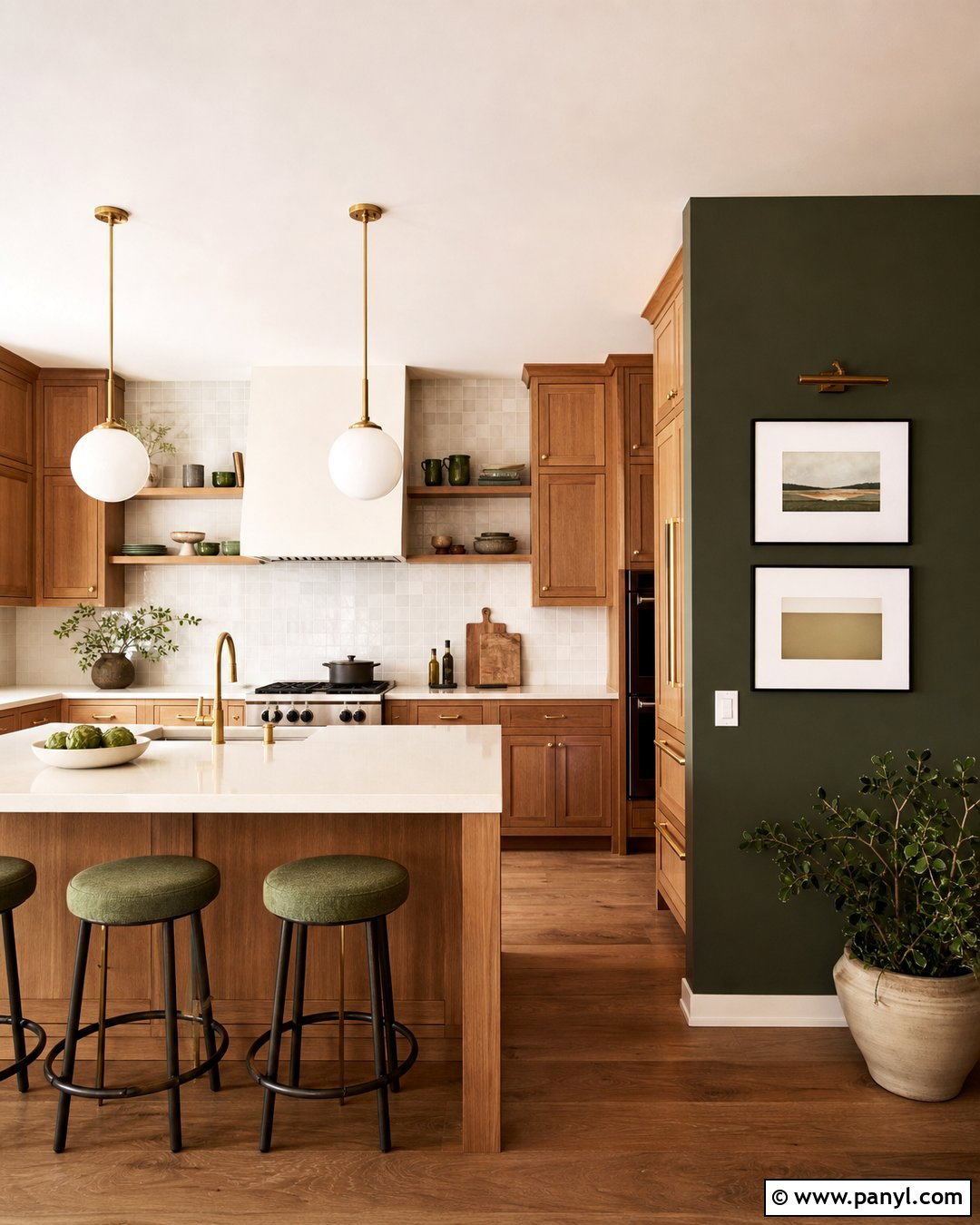 Dark Green Kitchen Accent Wall With Oak Cabinets - 45 dark green accent wall ideas