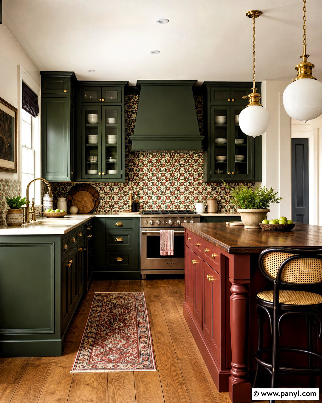 Dark Green Kitchen With Red Patterned Backsplash - 20 green and red kitchen ideas
