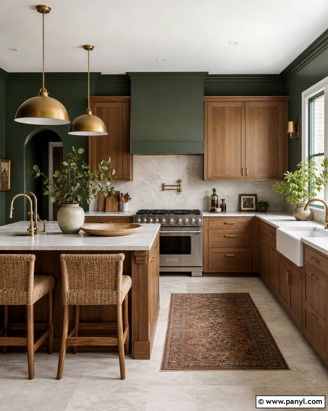Dark Green Kitchen With Wood Cabinets - 45 dark green walls