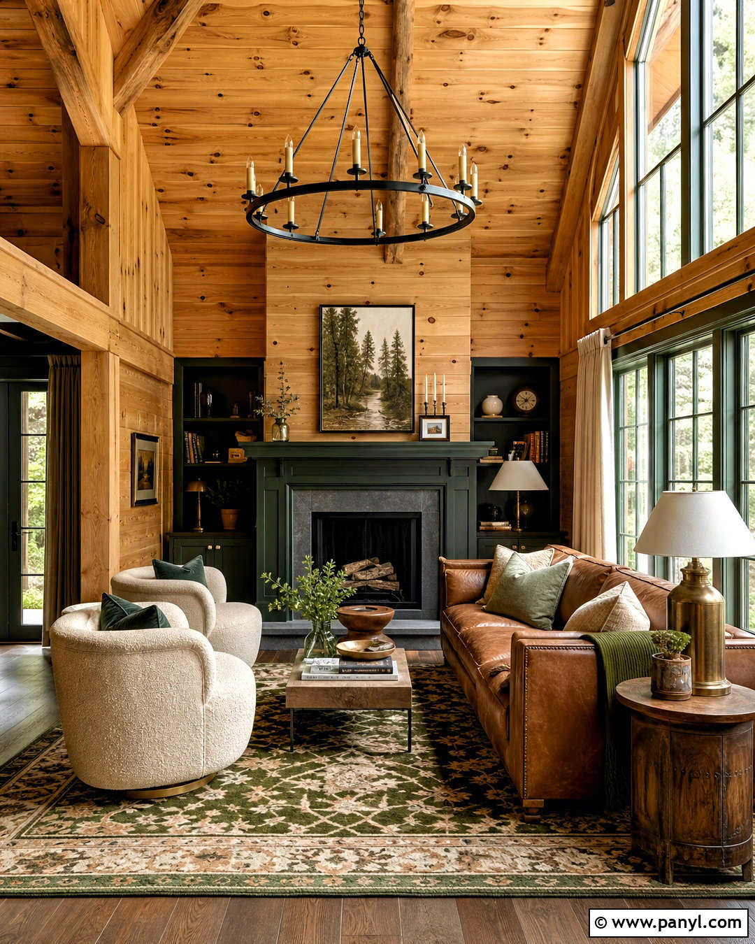 Dark Green Knotty Pine Cabin Living Room - 20 knotty pine cabin ideas
