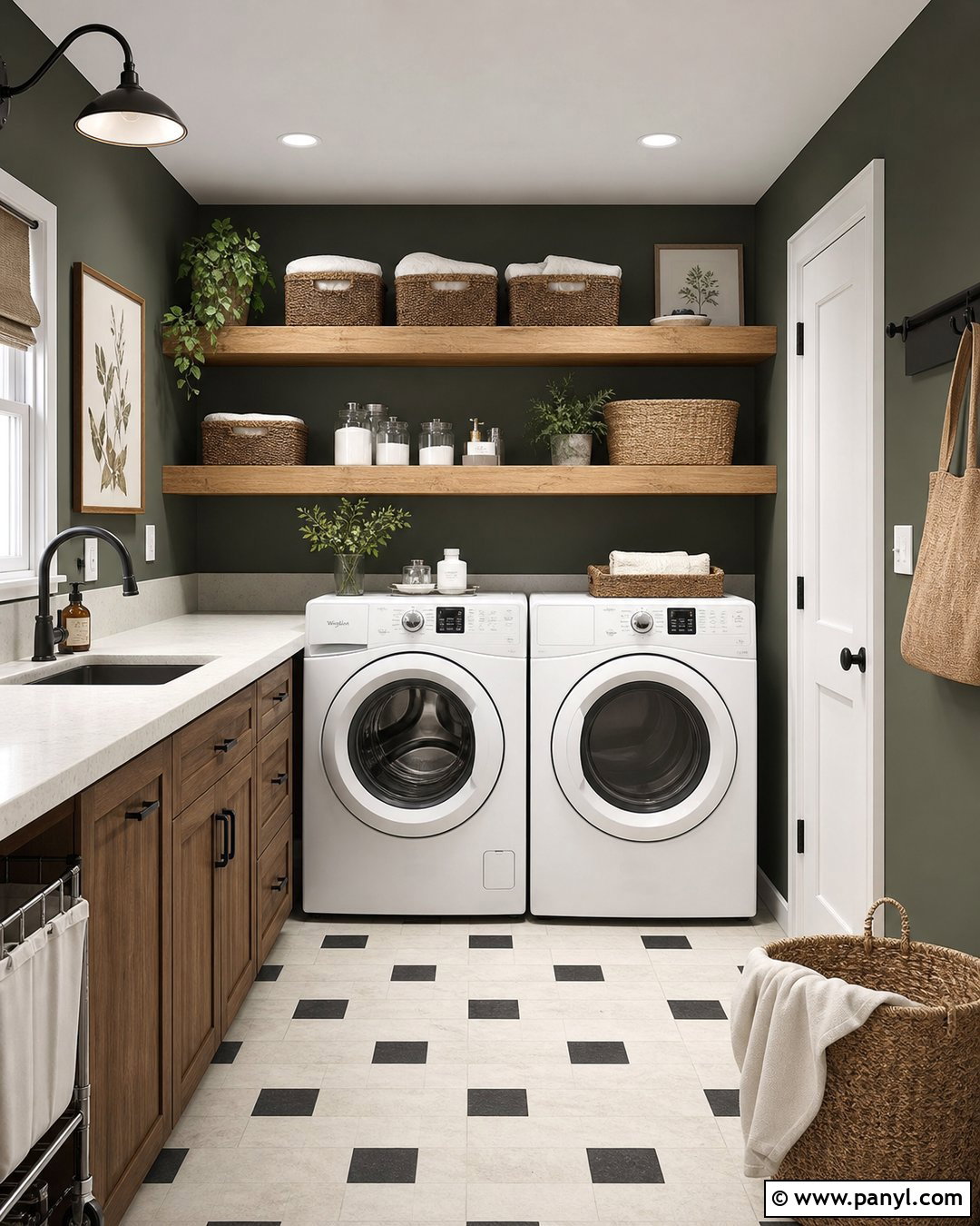 Dark Green Laundry Room Walls With Oak Shelves - 35 Dark Green Painted Walls