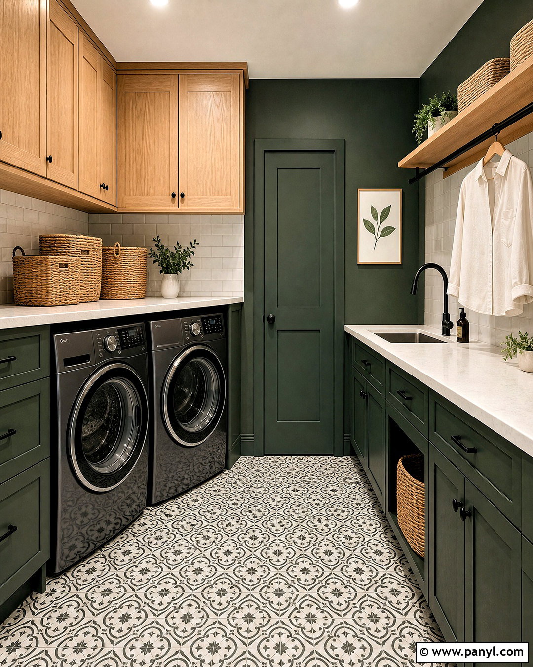 Dark Green Laundry Room With Oak Cabinets - 20 dark green interior design ideas