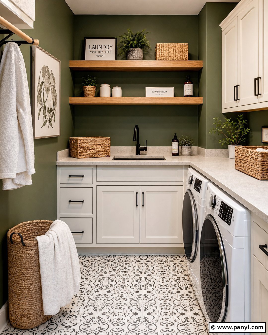 Dark Green Laundry Room With Oak Shelves - 20 Dark Green Color For Wall Ideas