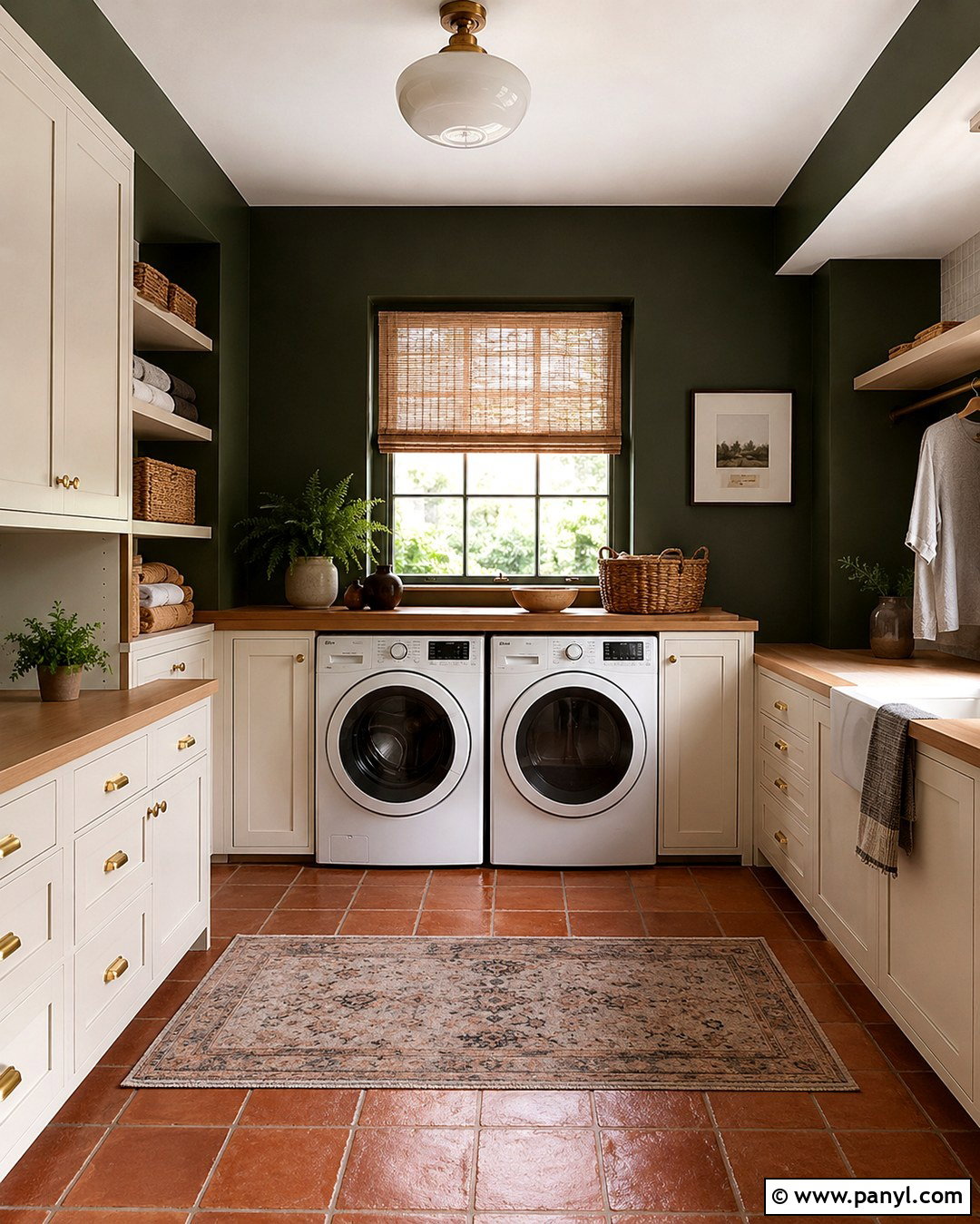 Dark Green Laundry Room With Terracotta Flooring - 20 Dark Wall Laundry Room Ideas