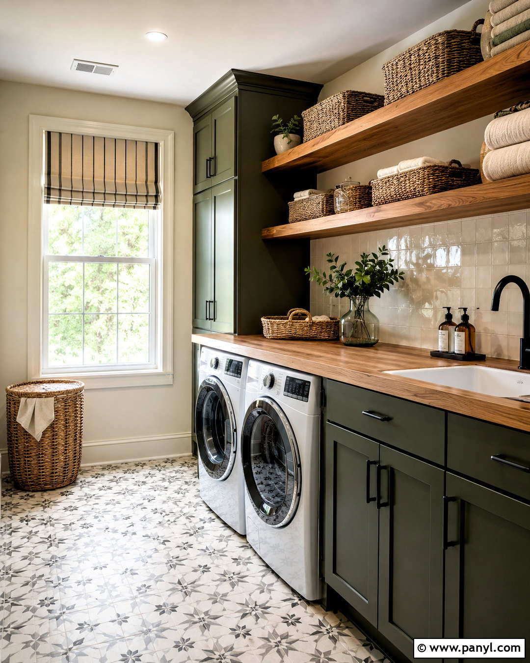 Dark Green Laundry Room With Wood Shelves - 20 dark green decor ideas
