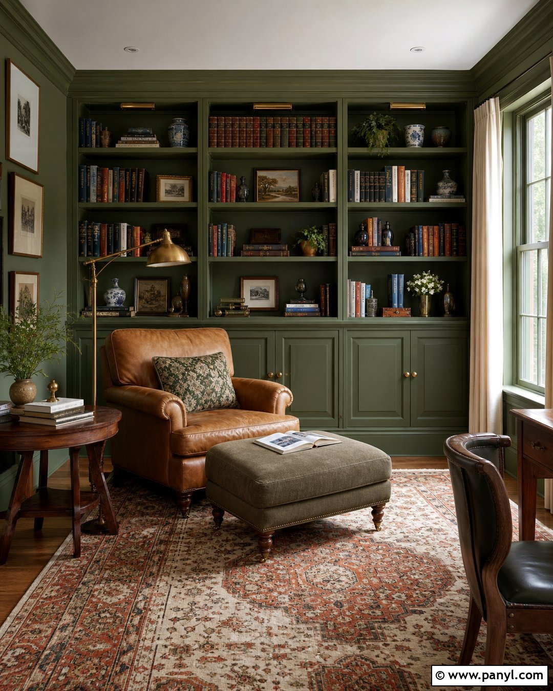 Dark Green Library Wall With Built-In Shelves - 30 dark green wall color ideas