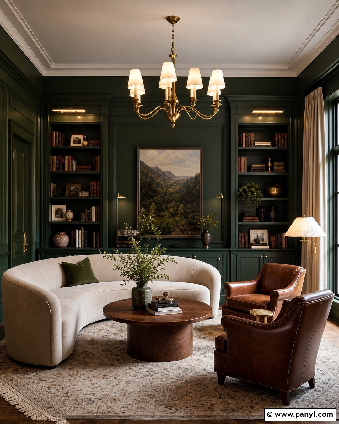 Dark Green Library With Brass Lighting - 20 Cozy Library With Dark Green Walls